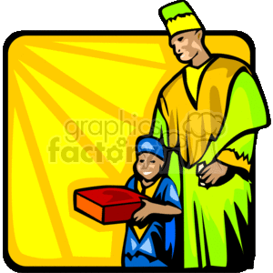 This clipart image features two stylized figures celebrating Kwanzaa. The image presents an adult and a child; the adult, appearing to stand, wears a yellow and green outfit with a traditional kufi hat, while the child, who is smiling broadly, is dressed in a blue outfit with a matching hat and holds a red gift. The background is a simple burst of yellow light rays conveying a festive or celebratory mood.