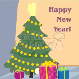 The image features a decorated Christmas tree adorned with yellow lights and a star on top. In front of the tree, there are three colorful gift boxes wrapped with ribbons. The background includes a gradient wall and floor in soft shades of beige and grey, signifying an indoor setting. To the upper right of the tree, the phrase Happy New Year! is written, suggesting a celebration of the New Year holiday.