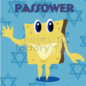 The clipart image features an anthropomorphic piece of matzah, which is a traditional unleavened bread eaten during the Jewish holiday of Passover. The matzah character has a friendly smile, two big blue eyes, and limbs, giving it a human-like appearance. The background is blue and decorated with multiple Star of David symbols. The word PASSOVER is written at the top in a decorative font.