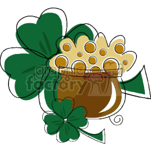 The clipart image depicts a pot of gold with several coins protruding from the top, alongside two four-leaf clovers, one of which is significantly larger and has a long winding stem. The colors primarily used in the image are green for the clovers and brown and gold for the pot and coins, which correspond with typical St. Patrick's Day imagery known for themes of luck and prosperity.