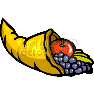 The image is a colorful clipart depiction of a cornucopia, also known as a 'horn of plenty'. It contains a variety of fruits typically associated with the fall or Thanksgiving season, including what appears to be red apples, a bunch of purple grapes, and possibly a hint of bananas or yellow fruits. The fruits are spilling out of the cornucopia in a bountiful display, symbolizing abundance and harvest.