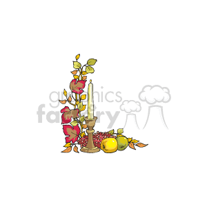The clipart image features several iconic symbols of Thanksgiving and the fall season. There is a single lit candle atop a brass candlestick holder, which is surrounded by an assortment of fall-themed items including red and yellow autumn leaves, a cluster of red grapes, along with yellow gourds that could potentially be varieties of squash.