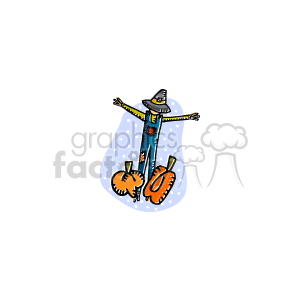 The clipart image features a scarecrow wearing overalls and a pilgrim hat, with two pumpkins at its base. The scarecrow appears to be set against a white background with a dotted outline, and the image conveys themes associated with Thanksgiving, fall, and the harvest season.