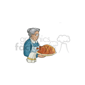 The clipart image features a grandmother figure holding a cooked turkey on a platter. She appears to be ready to serve the turkey for a Thanksgiving dinner. The grandmother is depicted with gray hair, glasses, and is wearing a blue dress with a white apron.