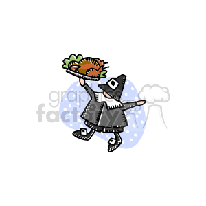 The clipart image depicts a cartoon of a pilgrim holding a cooked turkey on a platter. The image captures the theme of Thanksgiving, suggesting the celebration of the holiday with a traditional meal.
