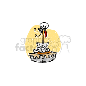The clipart image depicts a pumpkin pie with whipped cream on top. The whipped cream has been squirted on to form a chef's hat design, complete with a spatula stuck in it. This is a classic dessert often associated with Thanksgiving and holiday meals.
