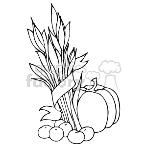 The clipart image features a bundle of corn or wheat stalks tied together with a band, alongside a pumpkin and three apples. These items are often associated with the fall season and are common symbols for the Thanksgiving holiday.