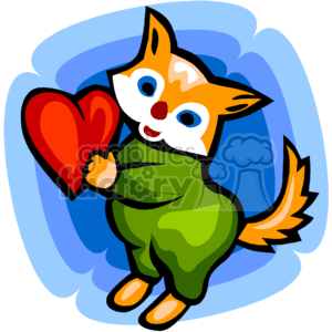 This is a clipart image of an orange and white cartoon dog holding a red heart. The dog appears to be wearing a green outfit and is set against a blue background.
