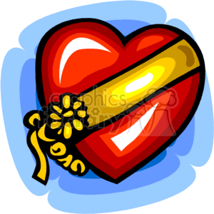 The clipart image features a stylized red heart with a shiny appearance, suggesting a glossy or reflective texture. There is a golden band wrapping around the center of the heart, with a decorative bow and flower-like detail on one side. The background consists of soft blue swirls that give a feeling of motion, highlighting the heart as the central element of the design. This image is typically associated with themes of love and affection and is often used in the context of holidays like Valentine's Day.