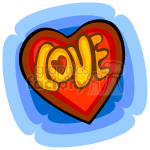 The clipart image features a stylized heart in vibrant red and orange hues, with the word LOVE written across it in a bold, yellow font that suggests a retro 60s style. The heart is set against a blue backdrop that appears to be a slightly abstract, wavy frame.