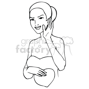 The image is a black and white clipart featuring a stylized woman. She has short hair, is smiling, and holds her hand to the side of her face in a gesture that could suggest coyness or flirtation. Additionally, she holds a heart shape close to her midriff, a symbol typically associated with love and affection, which relates to the theme of Valentine's Day.