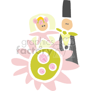 This clipart image features a stylized depiction of a bride and groom. The bride is wearing a white dress with a veil and is adorned with a pink floral accessory, possibly a bouquet. The groom appears to be wearing a black suit or tuxedo, with a yellow bow tie. Both figures are simplified with minimal features, and they are standing on what looks like a flower, possibly symbolizing growth or blooming love in the context of a wedding. The background of the image is transparent.