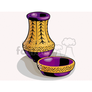 This image shows a depiction of two pieces of stylized pottery. The first item is a tall bottle with a flared base and narrow neck, finished in yellow with purple accents and geometric patterns. The second is a low, wide bowl with a similar color scheme and decorative motifs.