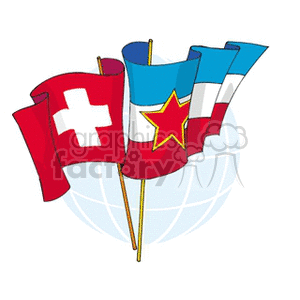 This clipart image shows three flags superimposed and waving against a backdrop of a stylized globe. From left to right, the flags are: Switzerland, identifiable by the white cross on a red background; a flag that resembles one associated with Yugoslavia, with a blue field, red star, and yellow border; and the flag of France, displayed as vertical tricolor bands of blue, white, and red.
Concise 