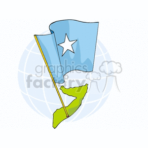 The clipart image features the flag of Somalia, depicted as a light blue field with a white five-pointed star in the center, mounted on a flagpole. In the background, there appears to be a stylized globe, focusing on the African continent. And there is the silhouette of the Horn of Africa highlighted in green, corresponding to the geographical location of Somalia.