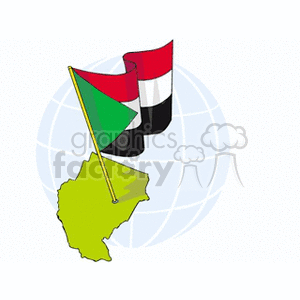 The clipart image shows the national flag of Sudan positioned on a stick and planted on a simplified, stylized map of Sudan. The background includes a partial depiction of a globe, highlighting the international context of the flag.
