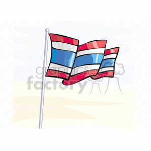 This clipart image depicts a stylized version of the flag of Thailand. The flag features horizontal stripes in red, white, and blue, with the blue stripe being thicker than the red and white stripes. The flag is shown hoisted on a flagpole and appears to be fluttering in the breeze, against a soft, abstract background which might suggest sky and sand or earth.