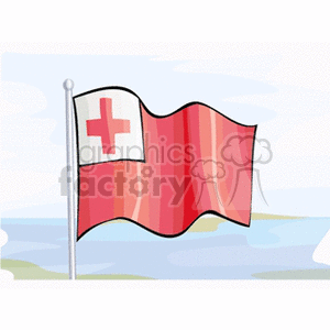 The image shows a stylized illustration of the flag of Tonga. The flag is depicted waving on a pole and features a red field with a white canton bearing a red cross.
