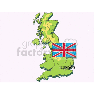 This clipart image features a simplified map of the United Kingdom colored in two shades of green, with the Union Jack flag superimposed near the southeastern part of the country. The text LONDON is placed towards the bottom right within the map, indicating the capital city, although it appears to be slightly misplaced geographically.