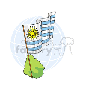 The image features a stylized cartoon representation of the flag of Uruguay, with its characteristic blue and white stripes and a radiant sun emblem, known as the Sun of May. The flag is displayed in front of a simplified globe. There is a small abstract green shape, possibly representing a piece of land, at the base of the flag pole.