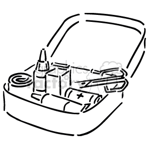 The clipart image appears to depict an open first aid kit with various medical supplies. Inside the kit, there are several compartments, which seem to contain items such as bandages, bottles (possibly antiseptic solutions), tape, and other unidentifiable supplies typically found in a first aid box.