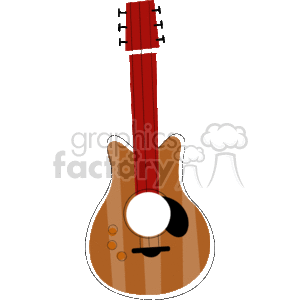 The image features a stylized clipart of an acoustic guitar. The guitar has a brown body with a light brown and black design around the soundhole, a red neck, and tuning pegs indicated by small lines at the top of the neck.