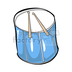 The clipart image depicts a blue drum with a pair of drumsticks lying across the top. This is a simple and stylized representation typical of clipart.