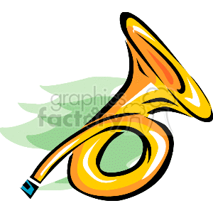 This clipart image depicts a stylized representation of a tuba, which is a large brass wind instrument with a wide bell pointing upward. There are also abstract green shapes in the background that could symbolize sound or motion.