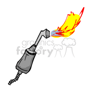 This clipart image depicts a welding torch with a flame coming out from the nozzle. The torch appears to be mid-use, with vibrant yellow and red flames indicating heat and combustion typically seen during the welding process.