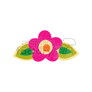 This clipart image features a stylized five-petal flower with a prominent central yellow-orange disc, possibly representing the flower's stigma or pistil, surrounded by pink petals. The flower is flanked by two green leaves with outer yellow lining, likely representing the foliage.