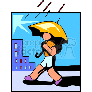 Man walking down street with yellow umbrella in the summer rain