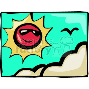 Sun wearing sunglasses smiling at the clouds