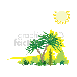 The clipart image features a tropical scene with palm trees of varying sizes and foliage density. One tree is quite prominent, suggesting it could be the focal point of this tropical setting. The scene is completed with a stylized sun in the upper right corner, which adds a feeling of warmth and sunshine to the picture.