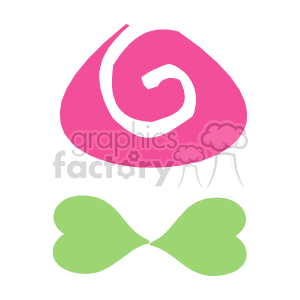 The image contains a stylized depiction of a flower, specifically a rose. It has a pink swirl that represents the petals of the rose and a green element below that suggests the leaves or the stem of the flower. The representation is very abstract and simplified, without intricate details or realistic features.
