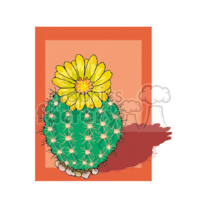 The image showcases a clipart representation of a green cactus with numerous spines and a large, vibrant yellow flower blooming at the top. The background is a warm shade of orange, and there is a shadow cast to the right of the cactus, implying light coming from the left side.