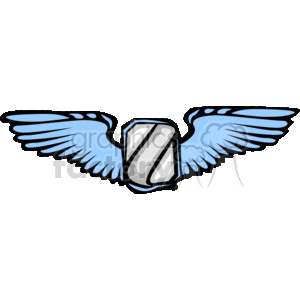 The clipart image shows a stylized version of a pilot's wings badge. The badge consists of a central shield flanked by wings on either side. The wings are colored blue with a black outline, while the shield in the center appears to have a grey and white design resembling a shiny metallic look.