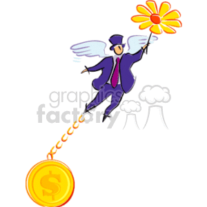 This clipart image features a stylized character in a purple suit with wings, appearing to be flying towards a large orange flower. Below the character, there's a trail of gold coins indicating the path of flight, with the last coin being especially large and adorned with a dollar sign ($).