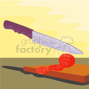 Knife slicing a tomato on a cutting board