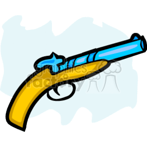 This clipart image features a stylized cartoon representation of a pistol, possibly evoking a sense of an old-fashioned or fantasy firearm given its exaggerated and colorful design.