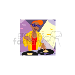 The image is a colorful clipart illustration of an African American DJ. It features the DJ wearing glasses and a cap, engaged in scratching records on a pair of turntables. There's a sense of musical movement and rhythm conveyed by the lines and sparkles around the DJ, implying a dynamic music environment as one might find in a rap or hip-hop setting.
