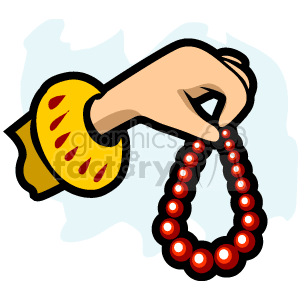 The image is a clipart that features a hand holding a string of red bead necklaces. The hand is adorned with a yellow sleeve with a ruffled or patterned cuff, suggesting a part of a garment.
