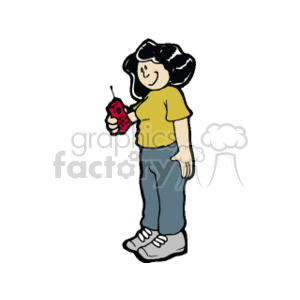This clipart image depicts a cartoon of a young woman or teenager holding a cell phone. She is smiling and appears to be engaged with the phone, possibly texting or browsing. She has dark hair done up in what seems to be a ponytail, is wearing a yellow shirt, gray pants, and white shoes with black detailing.
