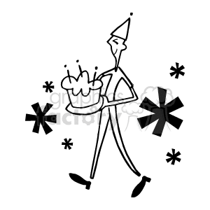 The clipart image depicts a stylized person wearing a party hat and holding a birthday cake with candles. The person appears to be in a celebratory mood, suggested by the surrounding decorative motifs that resemble stars or fireworks, which are commonly associated with festivity and celebration.