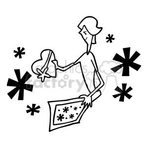The clipart image features a stylized figure of a person holding a large heart in one hand and a piece of paper or envelope decorated with smaller hearts in the other. There are decorations reminiscent of asterisks or simple flowers scattered around the person, possibly symbolizing a festive or decorative atmosphere.