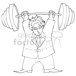 The image is a black and white clipart of a person in a suit lifting a barbell over their head. They appear to be in a successful pose, possibly demonstrating strength or victory.