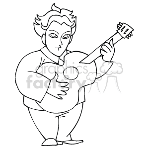 The image is a black and white line drawing of a male cartoon character playing a guitar. The character appears to be standing and strumming the guitar.