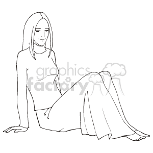 The image is a line drawing of a seated girl with long hair. She appears to be relaxed or waiting, depicted in a simple, minimalistic style. She is wearing a long skirt or dress and a long-sleeve top, and is barefoot. Her hands are resting on the surface she is seated upon, and her legs are stretched out to one side.