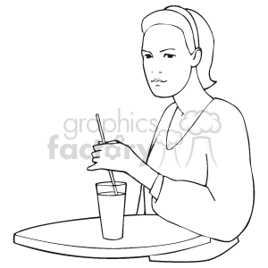 The image is a black and white line drawing or clipart portrayal of a woman who could be a waitress or server. She is holding a tray with one hand and a drink with a straw in the other hand. The style is simplified with outlines and minimal detailing, typical for clipart.