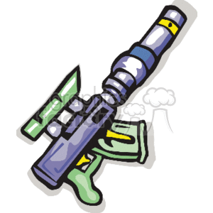 The clipart image depicts a futuristic laser rifle weapon. It features a sleek design with elements commonly associated with science fiction weaponry, such as a scope and various components suggestive of advanced technology. This type of firearm is frequently seen in sci-fi settings like video games, movies (like 
