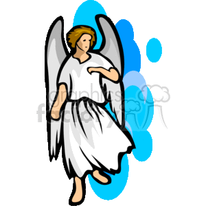 The clipart image depicts a stylized angel with large wings. The angel is wearing a white robe and appears to be in flight, with a tranquil expression on its face. In the background, there are abstract shapes of blue that might represent the sky or heaven.